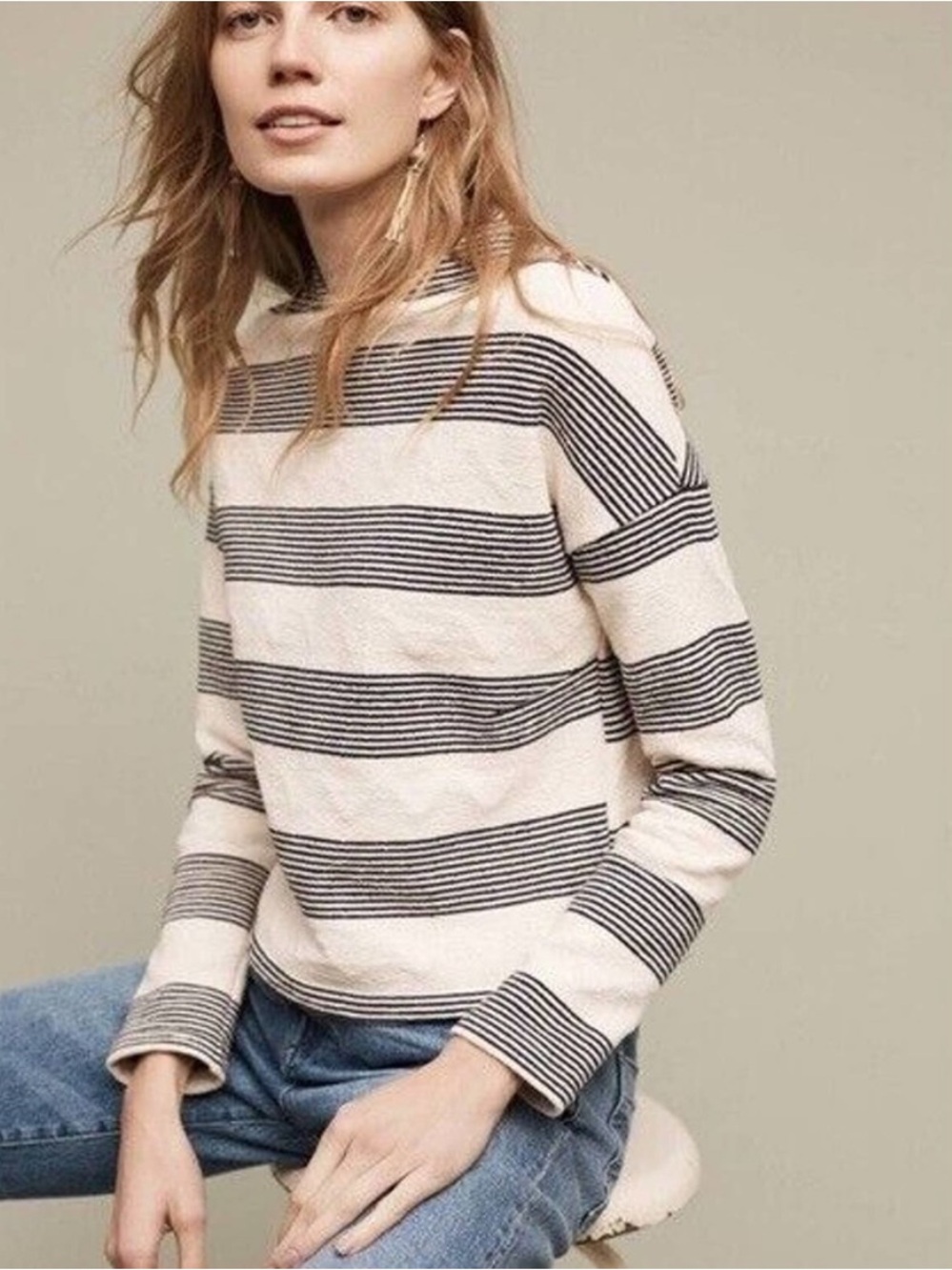 Eri and Ali for Anthropologie Seborie Striped Mock Neck Sweater Cream / Navy Sm